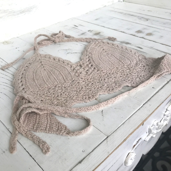 Beige Crochet Halter Top Backless Bikini Style Handmade in Women's Small/Medium - Picture 3 of 8
